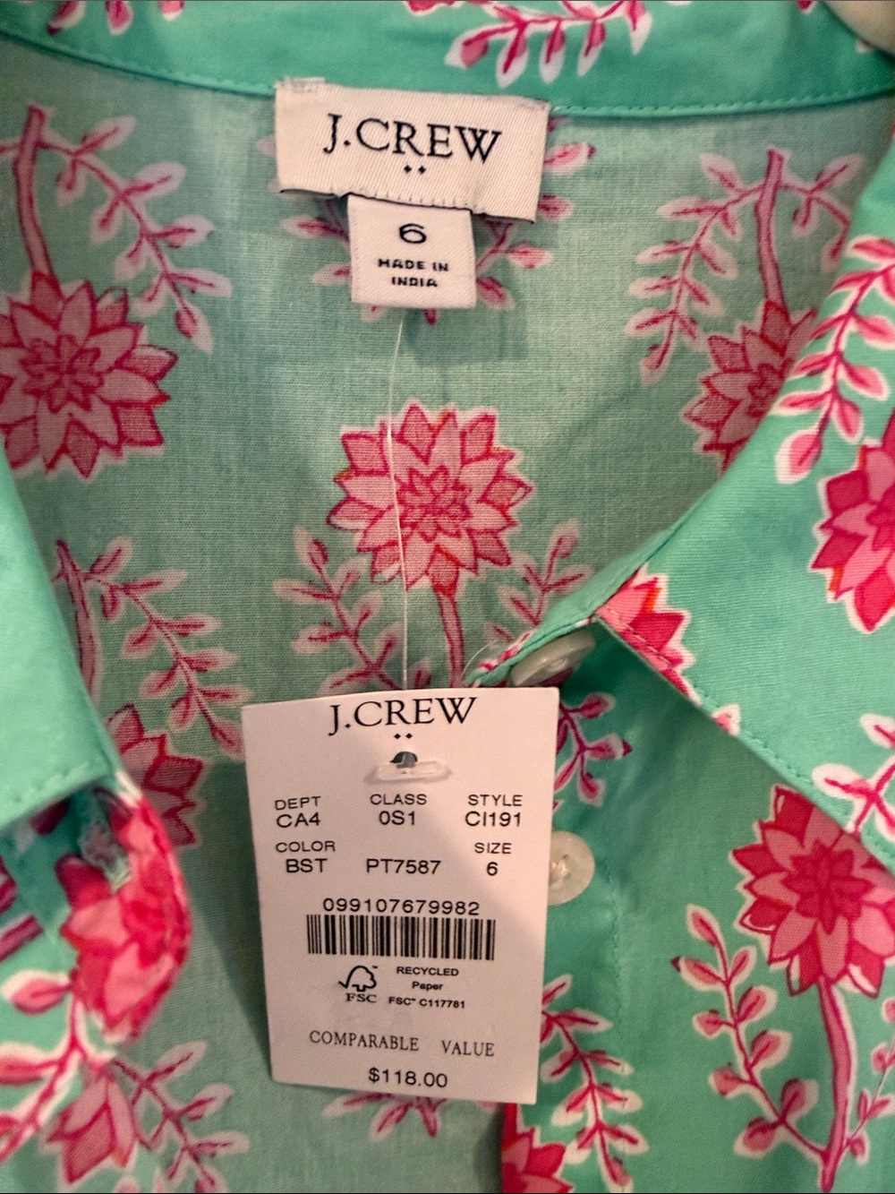 J. Crew Green Dress with Bright Pink Floral Print - size 6 NWT - Picture 2 of 3
